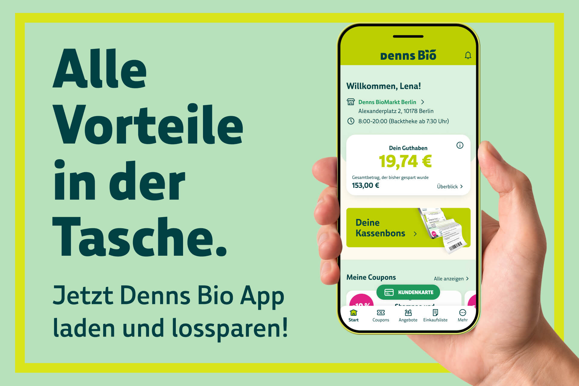 Denns Bio App mit digitaler Kundenkarte, Coupons und Kassenbons